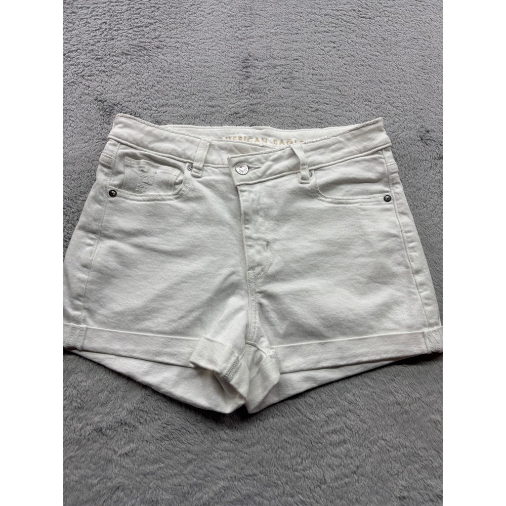 American Eagle White High Waisted Cuffed Denim Shorts Size 4 Stretch Real Good